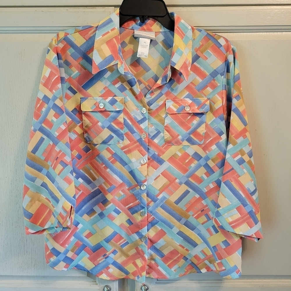 Alfred Dunner Colorful Geometric Print Button Up Blouse Shirt